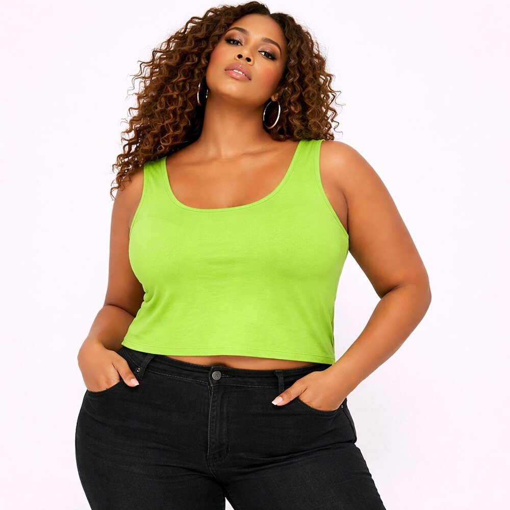 Studio Works Green Cropped Tank Top 3X Scoop Neck Cotton Sleeveless Tee